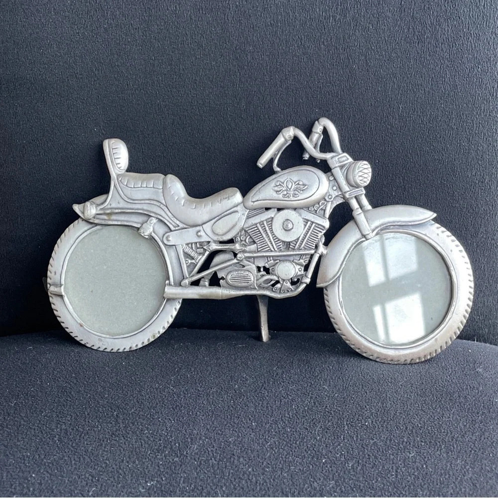 Pewter Harley Motorcycle Picture Frame Holds 2 Photos Signed WF